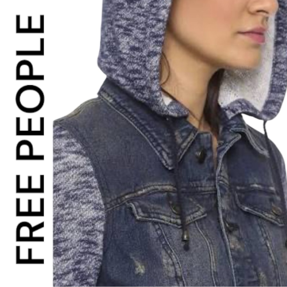 Free People Hoodie distressed Denim Button down Jacket, Heathered blue Small